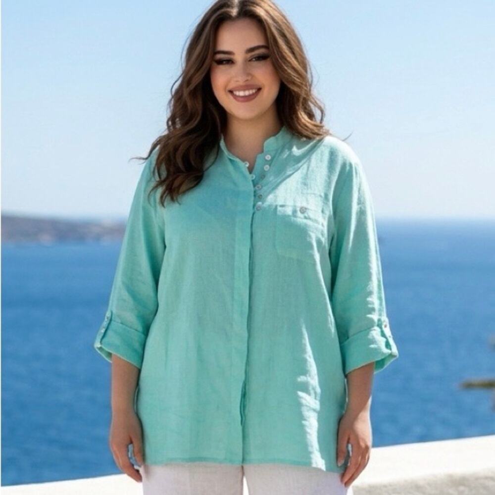 Mariluna Womens Linen Shirt 1X Quiet Luxury Lagenlook Coastal Nautical Beachy